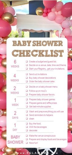 a baby shower checklist with pink and gold balloons