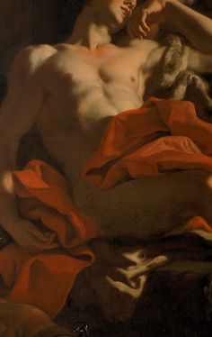 a painting of a naked man laying on a bed with an orange blanket around him