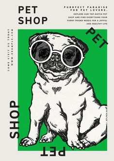 a drawing of a pug wearing goggles and sitting in front of a green background