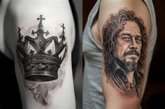 two different tattoos on the arms of men, one with a crown and another with a cross