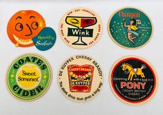 six different types of soda coasters on a white tablecloth with the words, winkk, grapefruit, don't - cherry brandy, pomeat, and pony