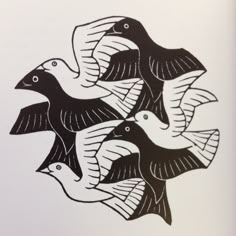 black and white drawing of five birds flying in the air with their wings spread out