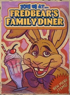 an advertisement for a restaurant featuring a rabbit holding a drink and smiling at the camera