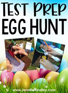 an easter egg hunt with pictures of eggs in the grass and people writing on them