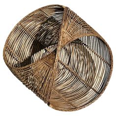 a round wicker basket is shown on a white background, with the top section cut out