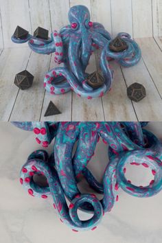 Images show a custom-made octopus gaming dice holder sculpted from polymer clay in shades of pink and turquoise . The lower image is a close-up of the patterned on the tentacles. Clay Dice, Dice Holder, Gaming Dice, Paper Mache Clay, Octopus Art, Clay Crafts Air Dry, D Craft, Game Dice, Colour Combination