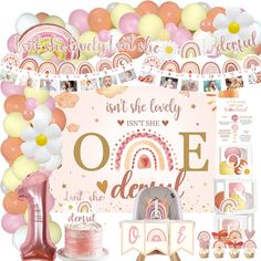 a pink and gold 1st birthday party kit with balloons, cake, cupcakes and decorations