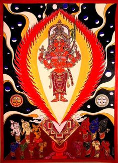 an art work depicting the hindu god in red and yellow with many other figures around it