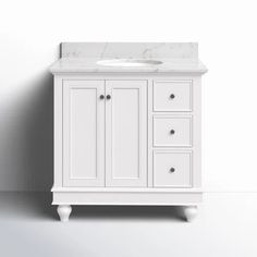 a white bathroom vanity with marble top and drawers on the bottom, in front of a wall