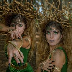 Plus Size Medusa Costume Diy, Gold Costume Ideas, Cosplay Medusa, Diy Medusa Costume, Costume Medusa, Medusa Cosplay, Medusa Halloween Costume, Medusa Makeup, Beautiful Halloween Makeup