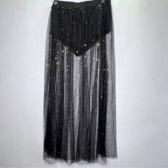 New Size Xl Black Tule With Gold Stars Maxi Skirt Perfect For Festivals Floor Length Black Tulle Skirt, Long Star Skirts, Plus Size Tassel Skirt, Black Maxi Glitter Skirt, Sparkle Skirt Long, Galaxy Tulle Skirt, Black Lace Tulle Skirt, Tulle Skirt Stars, Festival Maxi Skirt