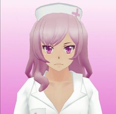 an anime character with pink hair wearing a nurse's cap and white shirt on