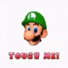 an image of a mario bros character with the words touch me in red and green