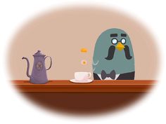 a blue bird sitting on top of a table next to a cup