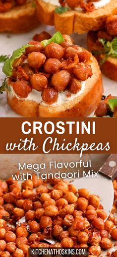 Learn how to make spicy crostini with chickpeas using authentic tandoori chicken marinade made with yogurt. This spicy Indian party appetizer is perfect for parties because it can be easily made ahead to serve a crowd. Get the best crostini recipe at kitchenathoskins.com. Chickpea Appetizers, Tandoori Chicken Marinade, Gobi Recipes, Crostini Recipe, Chickpea And Spinach Curry, Comfort Casseroles, Crostini Recipes, Spinach Curry