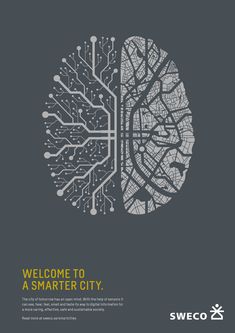 a poster with the words welcome to a smarter city and a circuit board in the shape of a brain