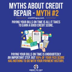 a blue background with text that reads, myths about credit repair - mth 2 paying your bills on time is all it takes to earn a good credit score