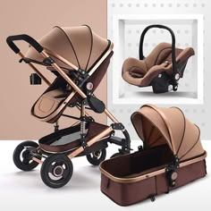 the baby stroller is brown and has two seats