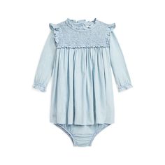 A smocked yoke and ruffle trim add cute detail to this cotton chambray dress which is washed for added comfort. Baby Bloomers, Chambray Dress, Jumper Shirt, Wimbledon, Clothes Collection, Dress Romper, Ruffle Trim, Chambray