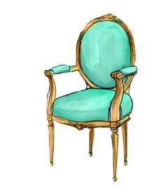 a drawing of a green chair with gold trim