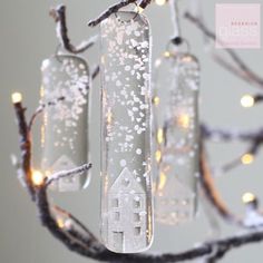 two glass bottle ornaments hanging from a tree branch with lights on it's branches