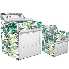 an oven and dishwasher cover with tropical leaves on the front, and side by side