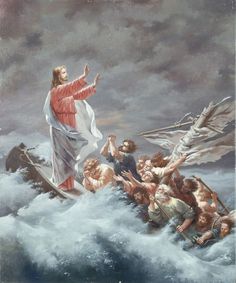 a painting of jesus walking on the water with his arms outstretched in front of him