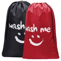 two drawsacks with the words wash me and smile face on them, both in grey and blue