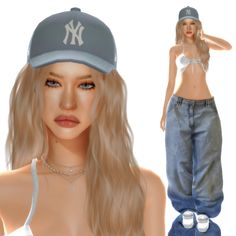 an image of a woman wearing a baseball cap and jeans