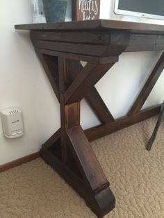 a wooden desk with a computer monitor on top