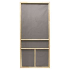 a wooden door with an open window on the front and side panels in grey fabric