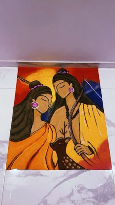 an artistic painting on the floor of a bathroom with two women holding each other's hands