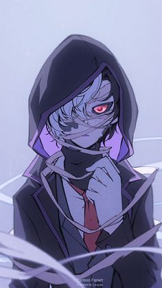 an anime character wearing a hoodie and holding his hands to his face, with red eyes