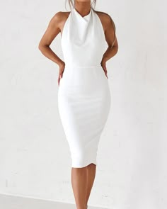 Backless Midi Dress - Vintage White – Old Sport White Stretch Halter Dress Elegant, White Stretch Elegant Halter Dress, Elegant White Stretch Halter Dress, White Fitted Halter Dress For Formal Occasions, White Fitted Halter Dress For Formal Events, Elegant Halter Neck Bandage Dress, College Graduation Dresses, Formal White Dress, Graduation Dress College