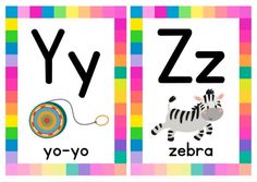 two posters with the letters y, z and zebra