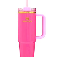 a pink tumbler cup with a straw sticking out of it's lid and handle