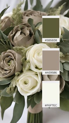 a wedding bouquet with white roses and greenery in shades of green, brown, beige