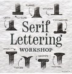 the words self lettering workshop written in black ink on white paper with different types of letters