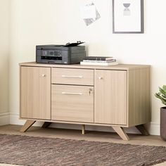 a desk with a printer on top of it next to a rug and potted plant