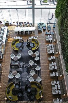 an overhead view of a restaurant with tables and chairs