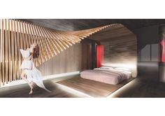 a woman standing in front of a bed next to a wooden slatted wall