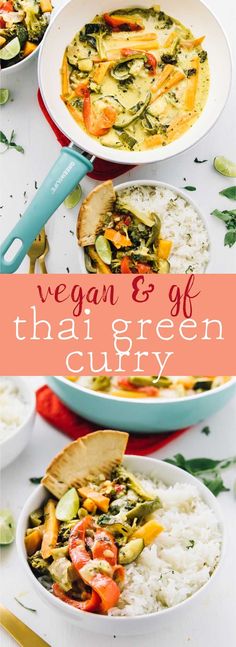 vegan and gf thai green curry with rice in bowls on the side, next to other dishes