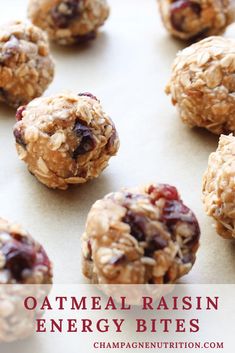 oatmeal raisin energy bites on a baking sheet with text overlay