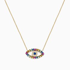 Effy Novelty 14K Yellow Gold Multi Sapphire and Diamond Evil Eye Necklace Yellow Gold Multi-stone Pendant Necklace, Gold Multi-stone Necklace Fine Jewelry, Multicolor 14k Gold Necklace Gift, Diamond Evil Eye, Multi Sapphire, Evil Eye Necklace, Eye Necklace, Gold Yellow, Pearl Jewelry