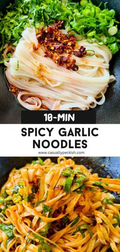 Close up of spicy noodles with captions Quick Meatless Dinner Ideas, Spicy Garlic Noodles, Crispy Chili Oil, Chili Garlic Noodles, Rice Noodle Recipes, Types Of Noodles, Asian Noodle, Noodle Recipes Easy, Garlic Noodles