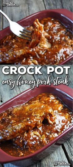 crock pot easy honey pork steak in a red casserole dish with a fork