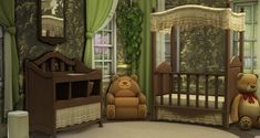 a teddy bear sitting next to a baby crib in a room with green curtains