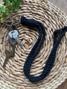 "Eco friendly black braided macrame Lanyard, Lanyard cord, Lanyard for Keys, ID Badge Holder, Name Tag Lanyard, Key Chain, Teacher Gift Handmade using eco friendly black recycled cotton cord, with a metal lobster clasp and safety break finish.  Approximate total length 34\".  Perfect for keys or ID badge.  Each item is individually handmade to order, wrapped in recycled paper and will be sent in reused packaging. Custom orders welcome. Follow at instagram.com/macramadewithloveuk" Teacher Lanyard Metal, Macrame Lanyard, Name Tag Lanyards, Braided Macrame, Lanyard For Keys, Reused Packaging, Recycling Sorting, Key Lanyard, Black Braids