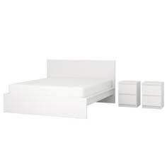 a white bed sitting next to two nightstands on top of a white flooring