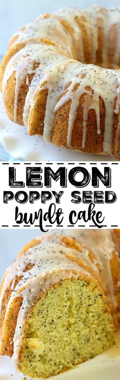 lemon poppy seed bundt cake with icing on top and the bundt cake is cut in half